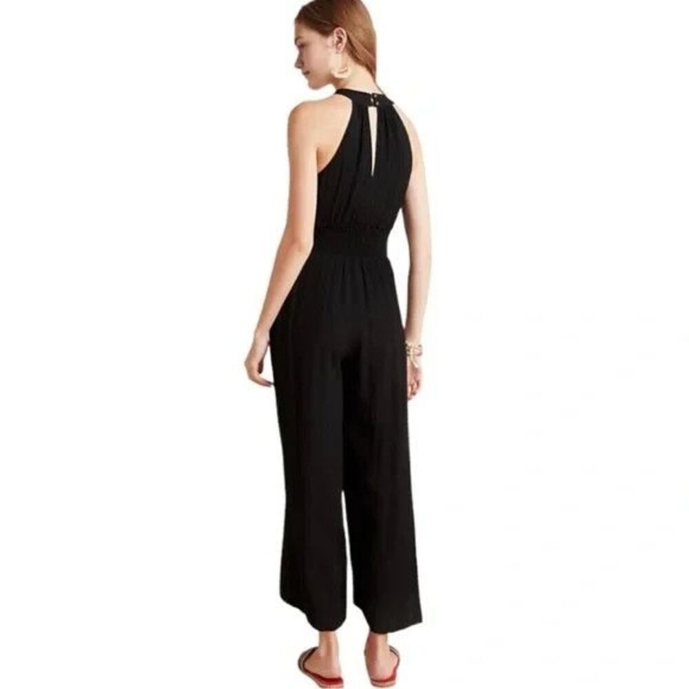 Anthropologie Jumpsuit Bionda Plisse Smocked Waist Wide Leg Black Size XS Boho - Picture 2 of 14
